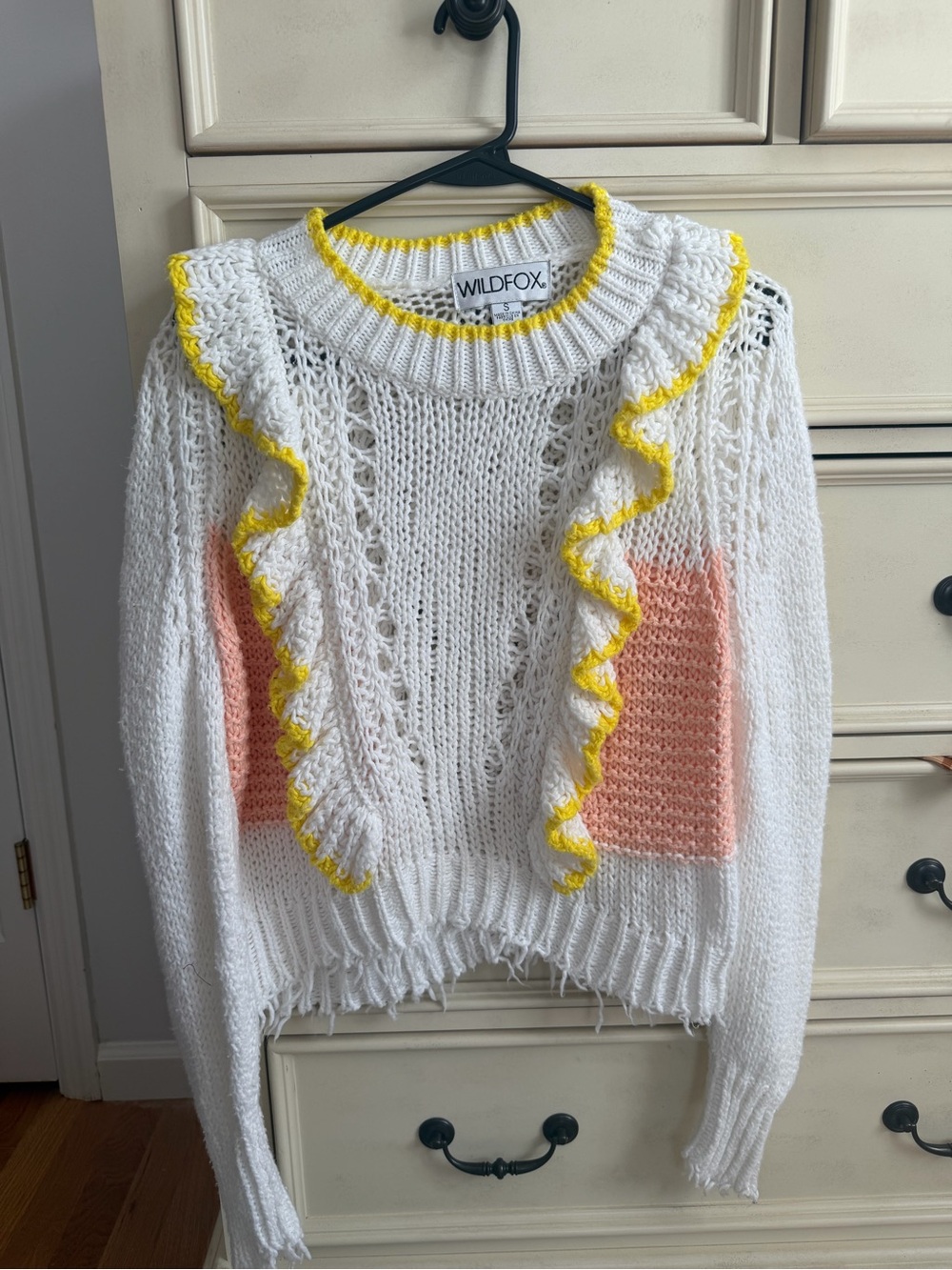 Wildfox White Open Knit Crew Sweater with Yellow Ruffle and Pink Panels